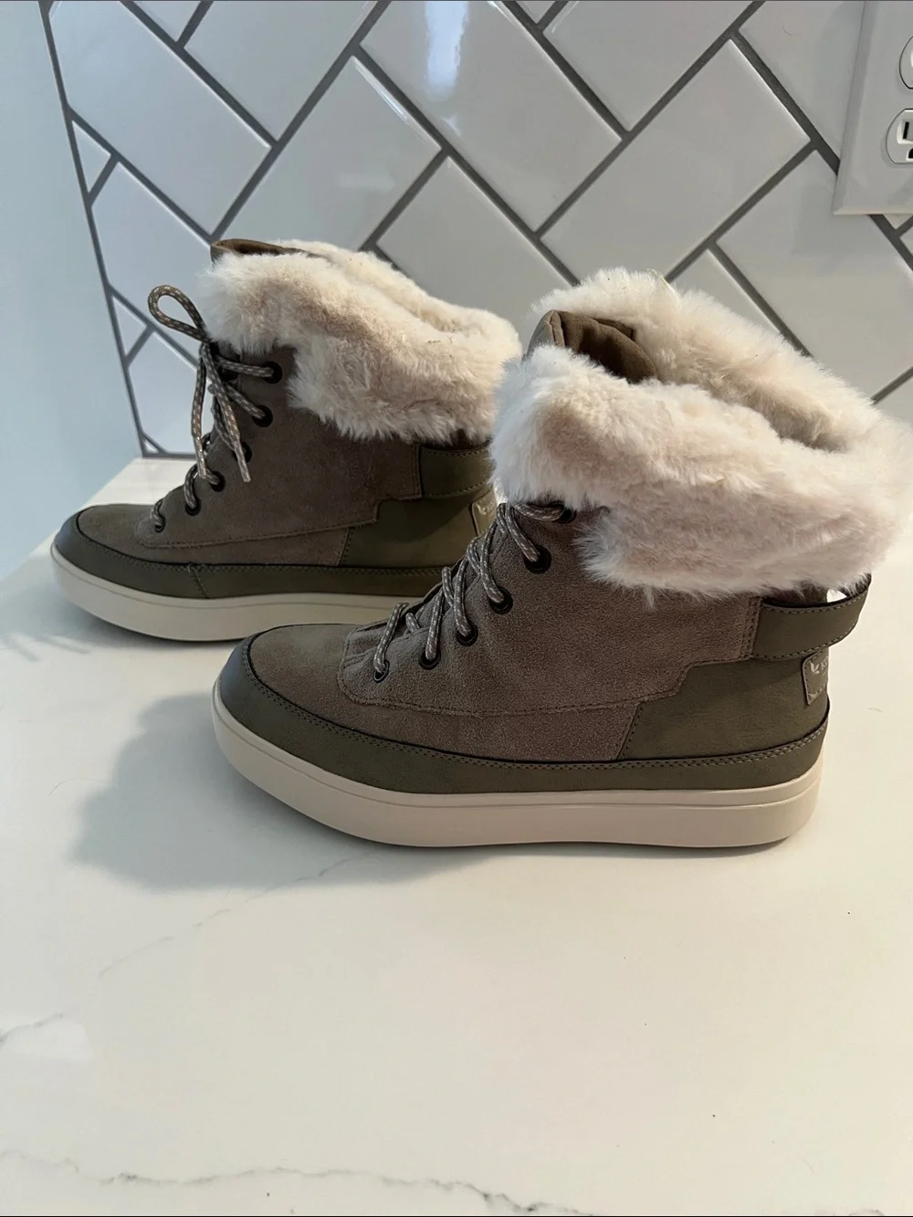 Koolaburra Olive Suede Faux-Fur Cuff Weather-Resistant Lace-Up Boots